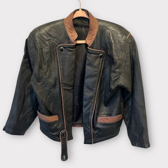 Vintage Butter Soft Black Leather Moto Jacket Brown Trim Quiet Luxury Minimalist - Picture 2 of 16